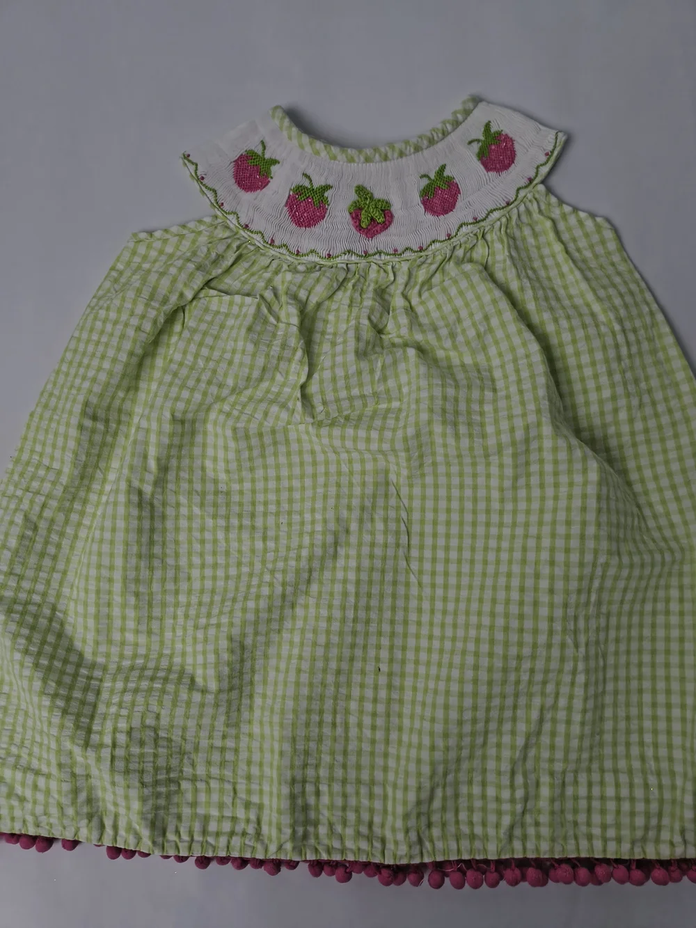 Girls Green Gingham Dress with Pink Strawberry Embroidery